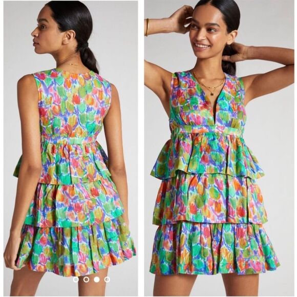 Hope for Flowers by Tracy Reese Organic Linen Watercolor Tiered Mini Dress Sz S - Picture 1 of 10